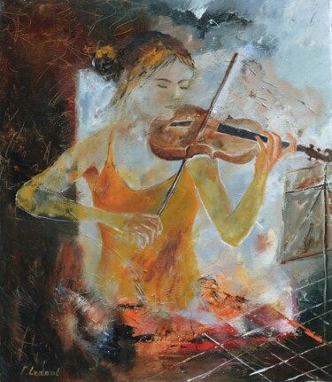 Painting titled "Violinist 673" by Pol Ledent, Original Artwork, Oil Mounted on Wood Stretcher frame