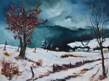 Painting titled "Winter landscape in…" by Pol Ledent, Original Artwork, Oil Mounted on Wood Stretcher frame