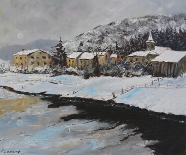 Painting titled "Snow in my countrys…" by Pol Ledent, Original Artwork, Oil Mounted on Wood Stretcher frame