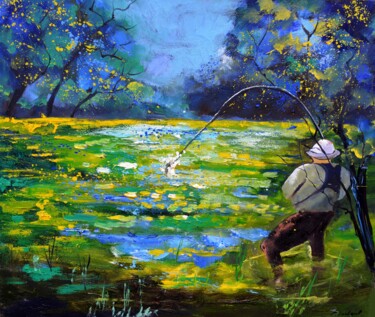 Painting titled "Fishing a trout" by Pol Ledent, Original Artwork, Oil Mounted on Wood Stretcher frame