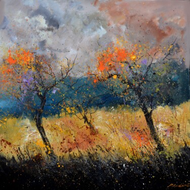 Painting titled "Autumn trees" by Pol Ledent, Original Artwork, Oil Mounted on Wood Stretcher frame