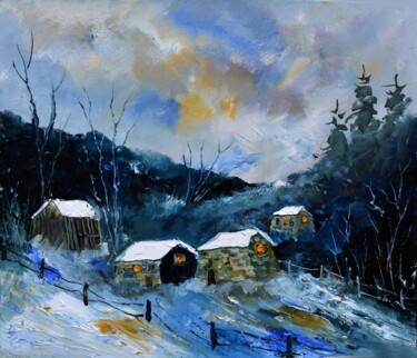 Malerei mit dem Titel "Houses in winter 76" von Pol Ledent, Original-Kunstwerk, Öl Auf Keilrahmen aus Holz montiert