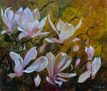 Painting titled "Magnolias" by Pol Ledent, Original Artwork, Oil Mounted on Wood Stretcher frame