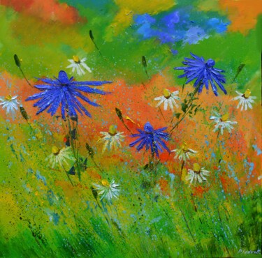 Painting titled "Three cornflowers a…" by Pol Ledent, Original Artwork, Oil Mounted on Wood Stretcher frame
