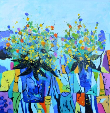Malarstwo zatytułowany „Two colourful still…” autorstwa Pol Ledent, Oryginalna praca, Olej Zamontowany na Drewniana rama nos…