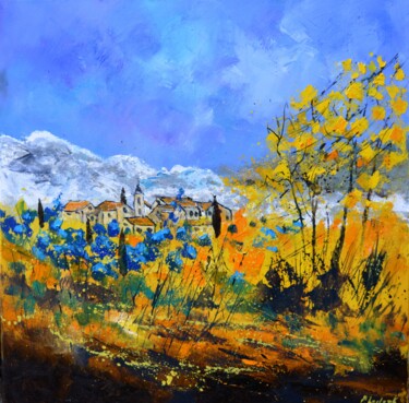 Painting titled "Joyful landscape" by Pol Ledent, Original Artwork, Oil Mounted on Wood Stretcher frame