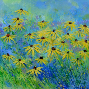 Painting titled "Yellow daisies    7…" by Pol Ledent, Original Artwork, Oil Mounted on Wood Stretcher frame