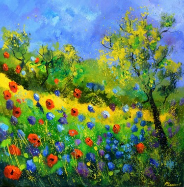 Painting titled "Red and blue poppie…" by Pol Ledent, Original Artwork, Oil