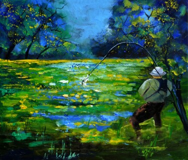 Painting titled "Catching a trout" by Pol Ledent, Original Artwork, Oil Mounted on Wood Stretcher frame