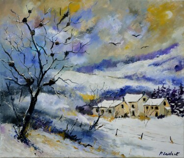 Painting titled "snowy landscape 76" by Pol Ledent, Original Artwork, Oil Mounted on Wood Stretcher frame
