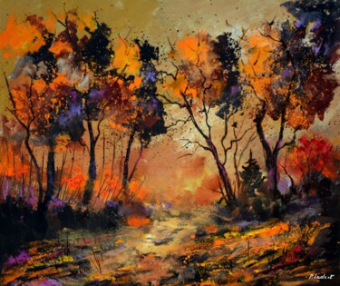 Painting titled "Autumn in  the wood" by Pol Ledent, Original Artwork, Oil Mounted on Wood Stretcher frame