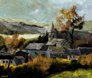 Painting titled "Old village in my c…" by Pol Ledent, Original Artwork, Oil Mounted on Wood Stretcher frame