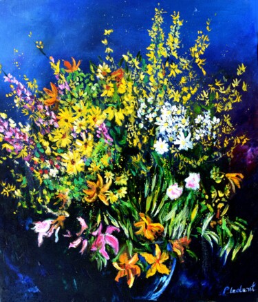 Painting titled "Still life in spring" by Pol Ledent, Original Artwork, Oil Mounted on Wood Stretcher frame