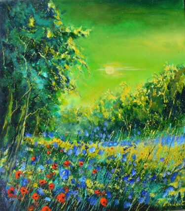 Painting titled "Wild flowers at dawn" by Pol Ledent, Original Artwork, Oil Mounted on Wood Stretcher frame