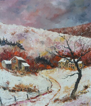 Painting titled "Winter landscape  78" by Pol Ledent, Original Artwork, Oil Mounted on Wood Stretcher frame