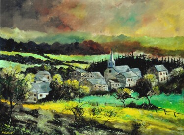 Painting titled "Village in my green…" by Pol Ledent, Original Artwork, Oil Mounted on Wood Stretcher frame
