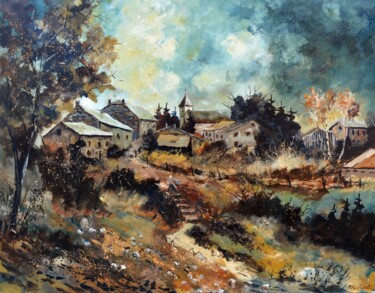 Painting titled "Old village of my c…" by Pol Ledent, Original Artwork, Oil Mounted on Wood Stretcher frame