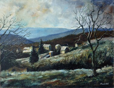 Painting titled "Winter landscape 97" by Pol Ledent, Original Artwork, Oil Mounted on Wood Stretcher frame