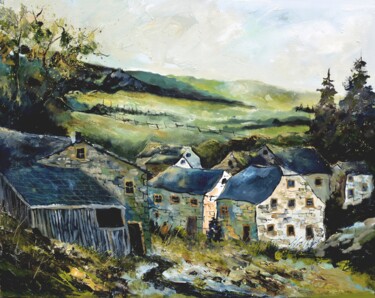 Painting titled "Old village in my c…" by Pol Ledent, Original Artwork, Oil Mounted on Wood Stretcher frame