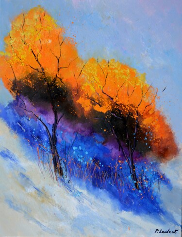 Painting titled "Two trees - 9724" by Pol Ledent, Original Artwork, Oil Mounted on Wood Stretcher frame