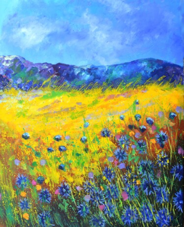 Painting titled "Cornflowers in summ…" by Pol Ledent, Original Artwork, Oil Mounted on Wood Stretcher frame