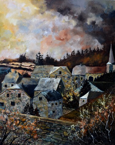Painting titled "Old village  - 108" by Pol Ledent, Original Artwork, Oil Mounted on Wood Stretcher frame