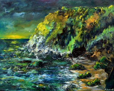 Painting titled "Light on the cliffs" by Pol Ledent, Original Artwork, Oil Mounted on Wood Stretcher frame
