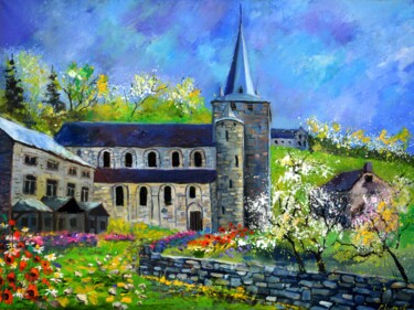 Painting titled "Romanesque church" by Pol Ledent, Original Artwork, Oil Mounted on Wood Stretcher frame