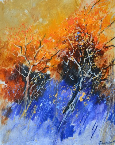Painting titled "Just two trees" by Pol Ledent, Original Artwork, Oil Mounted on Wood Stretcher frame