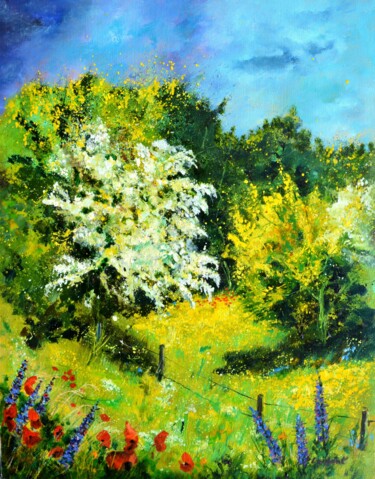 Painting titled "Blooming hawthorn" by Pol Ledent, Original Artwork, Oil Mounted on Wood Stretcher frame