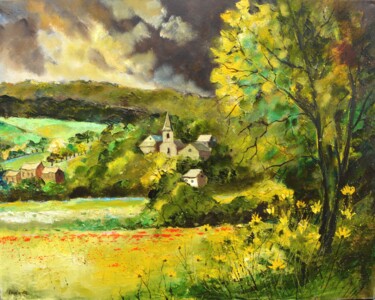 Painting titled "A village in my cou…" by Pol Ledent, Original Artwork, Oil Mounted on Wood Stretcher frame