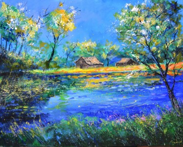 Painting titled "Pond in spring" by Pol Ledent, Original Artwork, Oil Mounted on Wood Stretcher frame