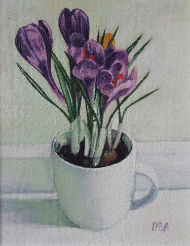 Painting titled "Crocuses in a white…" by Pola.B.Alex, Original Artwork, Oil