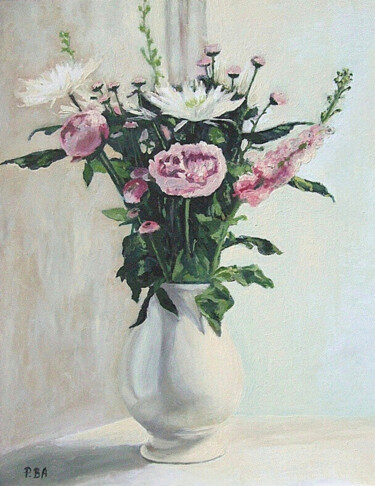 Painting titled "Peonies and stocks." by Pola.B.Alex, Original Artwork, Oil