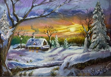 Schilderij getiteld "Зимний вечер в дере…" door Denis Bezrodnyi, Origineel Kunstwerk, Pastel