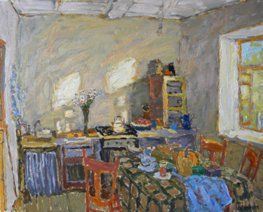 Painting titled "An interior with a…" by Polina Goretskaya, Original Artwork, Oil Mounted on Wood Stretcher frame