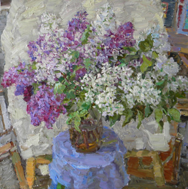 Painting titled "White and purple li…" by Polina Goretskaya, Original Artwork, Oil Mounted on Wood Stretcher frame