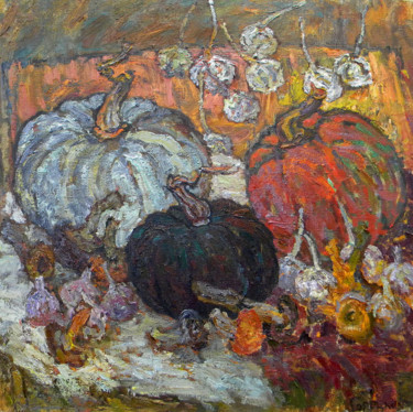Painting titled "Pumpkins" by Polina Goretskaya, Original Artwork, Oil Mounted on artwork_cat.