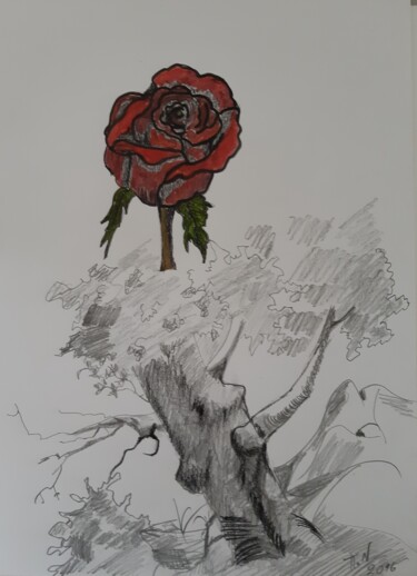 Schilderij getiteld "Arbre avec une rose" door Polina, Origineel Kunstwerk, Houtskool
