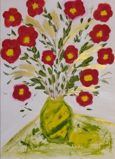 Schilderij getiteld "Vase vert.0" door Polina, Origineel Kunstwerk, Olie