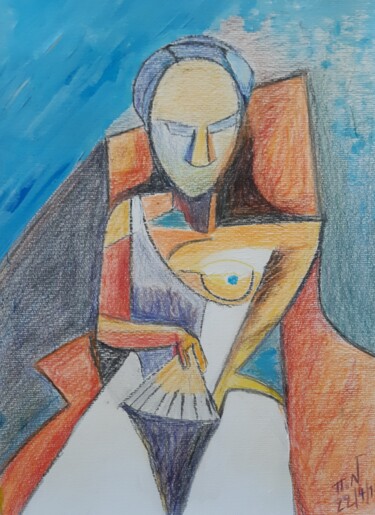 Pintura titulada "Femme avec l'éventa…" por Polina, Obra de arte original, Pastel