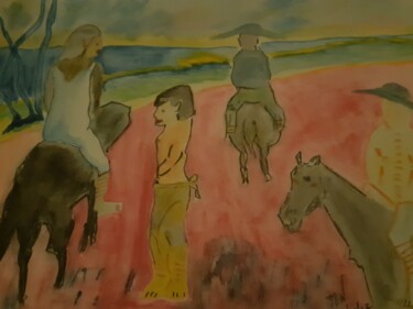 Painting titled "Les cheveaux." by Polina, Original Artwork, Watercolor