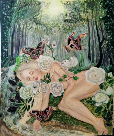 Malerei mit dem Titel "Asleep in the Forest" von Polina Olekhnovich, Original-Kunstwerk, Öl