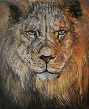 Painting titled "Lion in the Sunset" by Polina Olekhnovich, Original Artwork, Oil