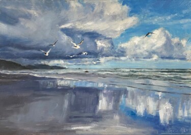 Malerei mit dem Titel "Море и птицы/ Sea a…" von Polina Sereda, Original-Kunstwerk, Öl