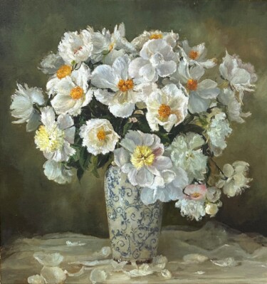 Картина под названием "Букет белых пионов/…" - Полина Середа, Подлинное произведение искусства, Масло