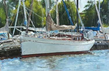 Painting titled "Яхта / yacht" by Polina Sereda, Original Artwork, Oil