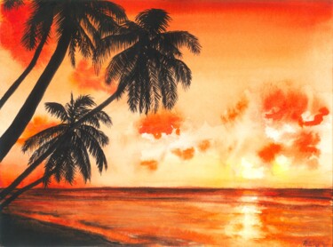 Painting titled "Tropical Sunset" by Polina Turgunova, Original Artwork, Watercolor