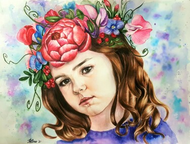 Картина под названием "Flower fairy" - Polina Turgunova, Подлинное произведение искусства, Акварель