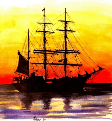 Malarstwo zatytułowany „Pirate Ship” autorstwa Polina Turgunova, Oryginalna praca, Akwarela